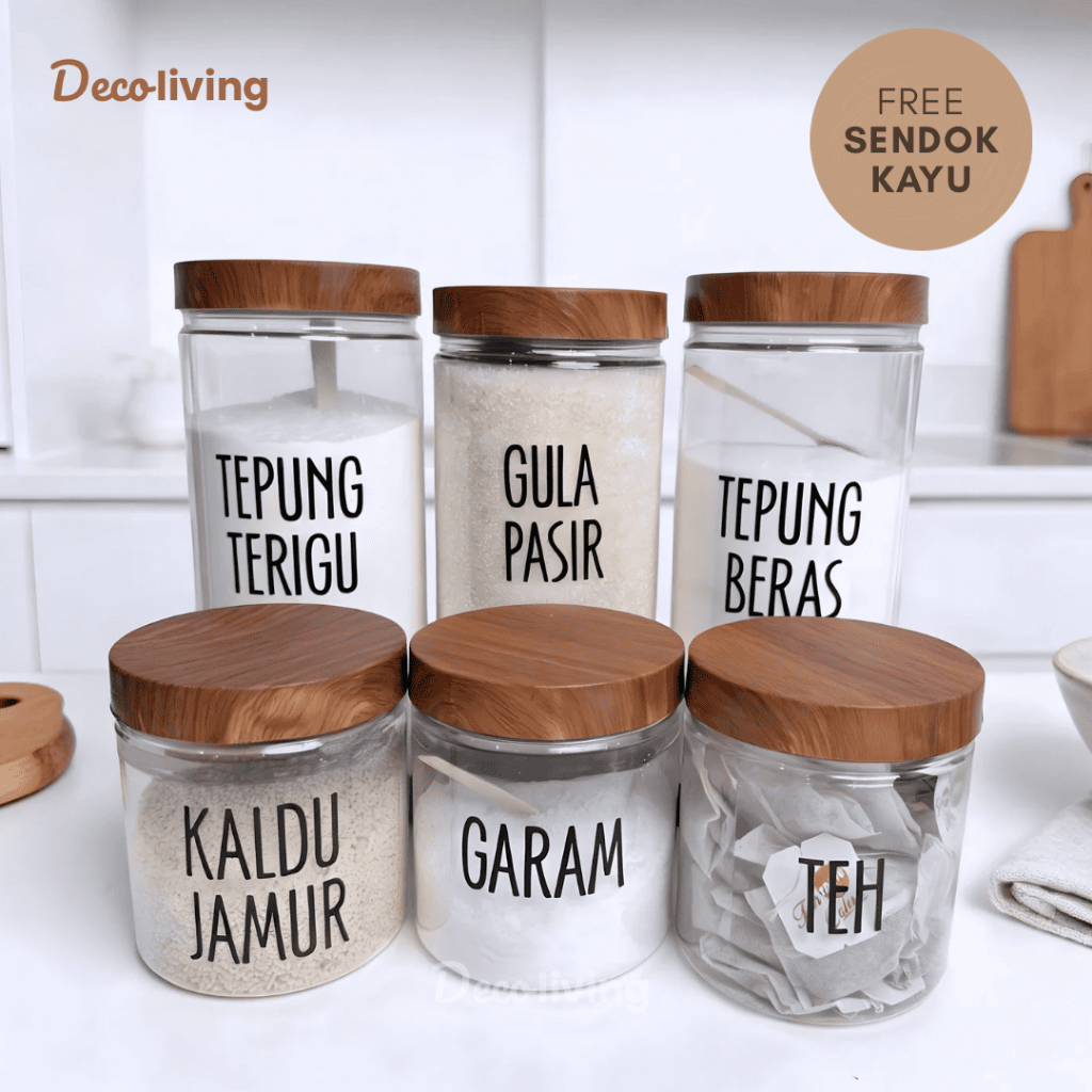Decoliving Toples Tempat Bumbu Dapur Estetik Motif Kayu Stiker Anti Air 200 ml 400 ml 600 ml 800 ml 