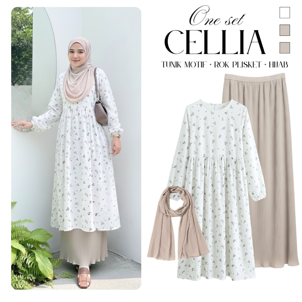 One Set OOTD Kondangan Cellia Set Korean Style Earth Vibes ( Midi tunik Motif + Rok Plisket + Hijab)