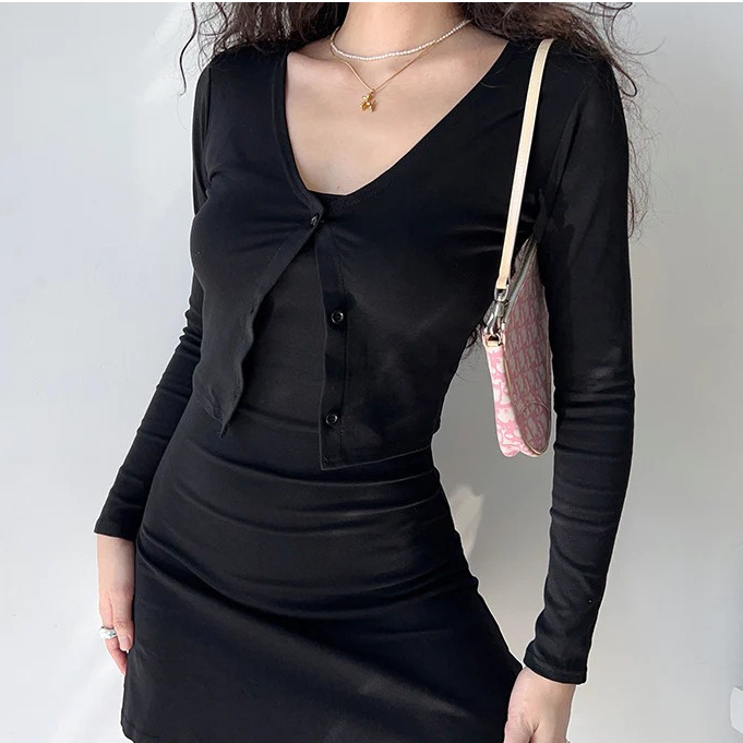 99kOUTLET One Set Strap Mini Dress + V Neck Long Sleeve Cardigan 1701 (S/M/L/XL)