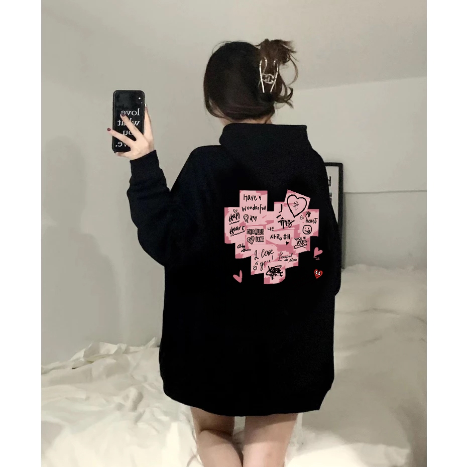 MONSEUR Hoodie Lengan Panjang Wanita Versi Korea Dengan Motif Hati Berwarna Pink/Sweater Korea Lenga