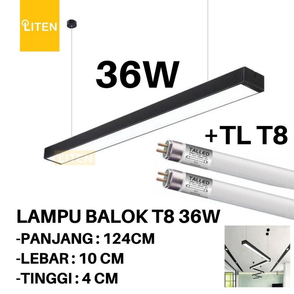 (INSTAN) OFFICE 2 LAMPU T8 - Kap Office Gantung 120 cm Fitting T8 LED Lebar 10cm Hitam Putih / Offic
