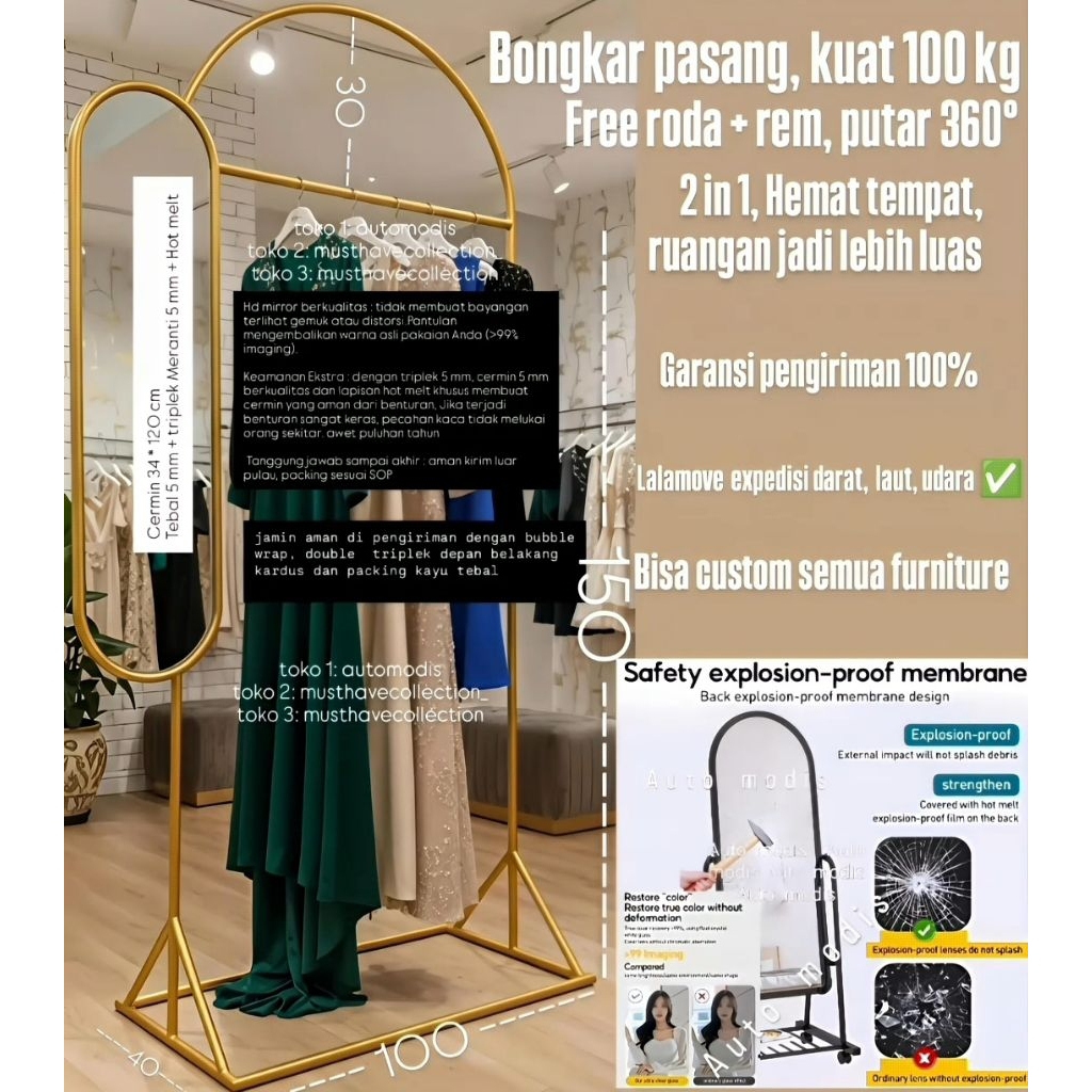 CERMIN GAWANG BAJU MIRROR FULLBODY SELURUH BADAN KACA BAYANG OVAL EMAS MEWAH CUSTOM RODA GAWANGAN RA