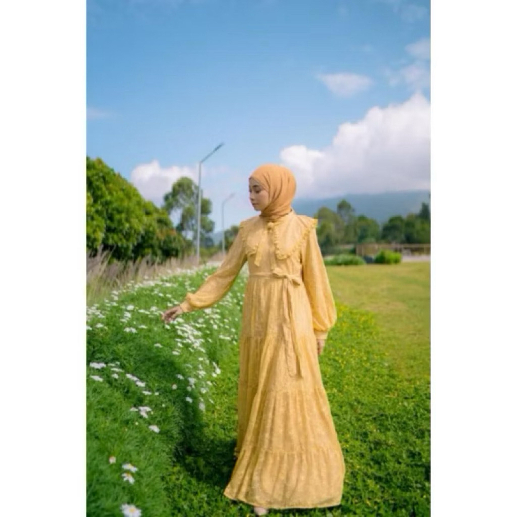 Preloved Yura Dress Mustard Rudeya Syar'i Size M LD 96 PB 138