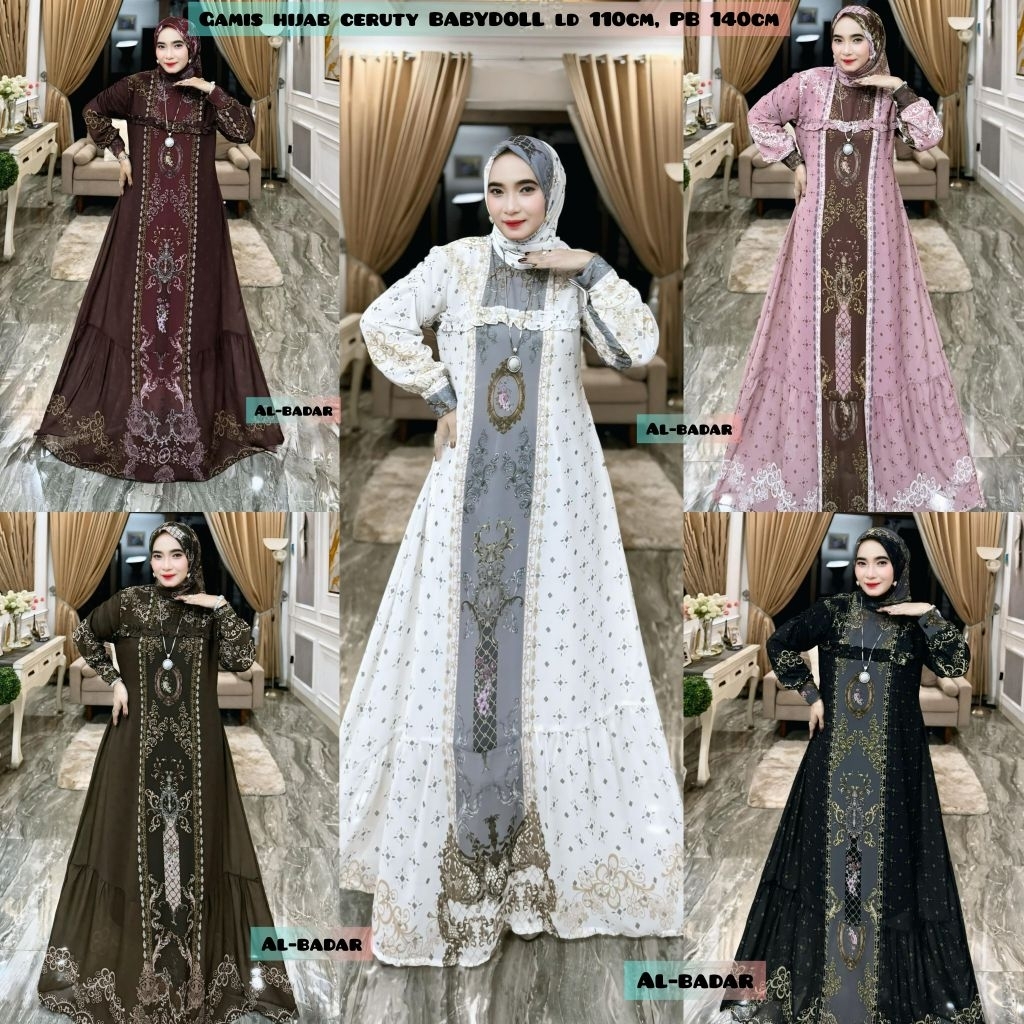 Gamis Set Hijab Bahan Ceruty Babi Doll Ld 110 Cm Pb 140 Cm