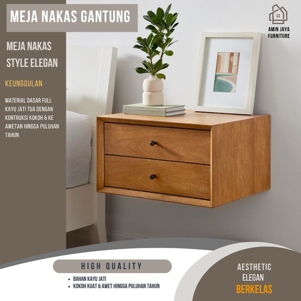 bedside table meja nakas laci gantung dinding minimalis kayu jati / furniture Jepara