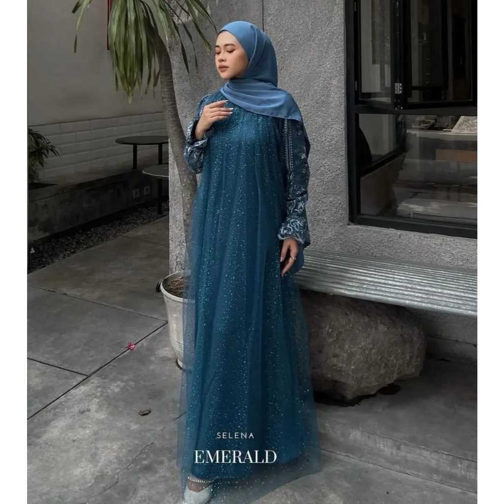 Selena Dress Gamis Pesta Wanita Emerald Blue Gamis Wanita Simple Mewah Elegan Gamis Muslimah Lebaran