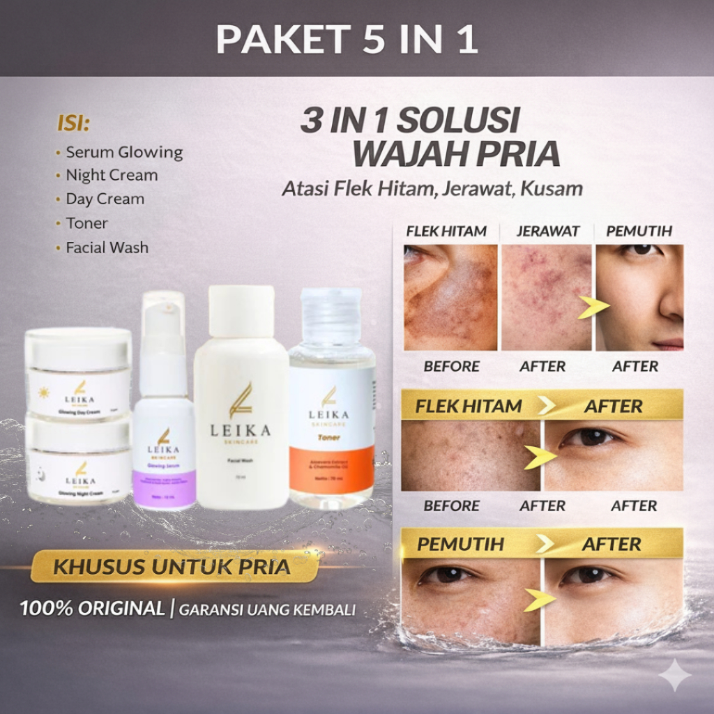 Paket Skincare Pria 5 in 1 - Penghilang Jerawat Bopeng AMPUH BPOM - Obat Pemutih Kulit Wajah Pria