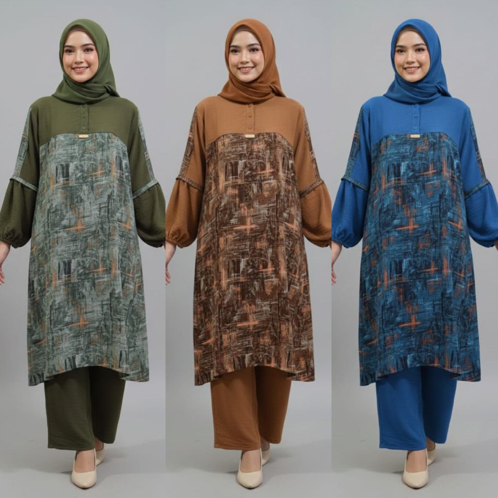 Mela set tunik motif, setelan celana tunik crinkle kombinasi motif/setelan celana wanita jumbo crink