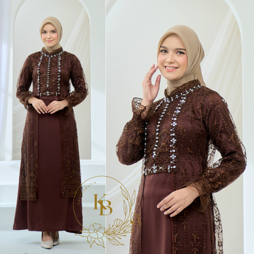 Gamis Terbaru Inner Outer Dress Wanita Diandra Silk Burgandy dengan Aplikasi Brukat dan Payet Mutiar