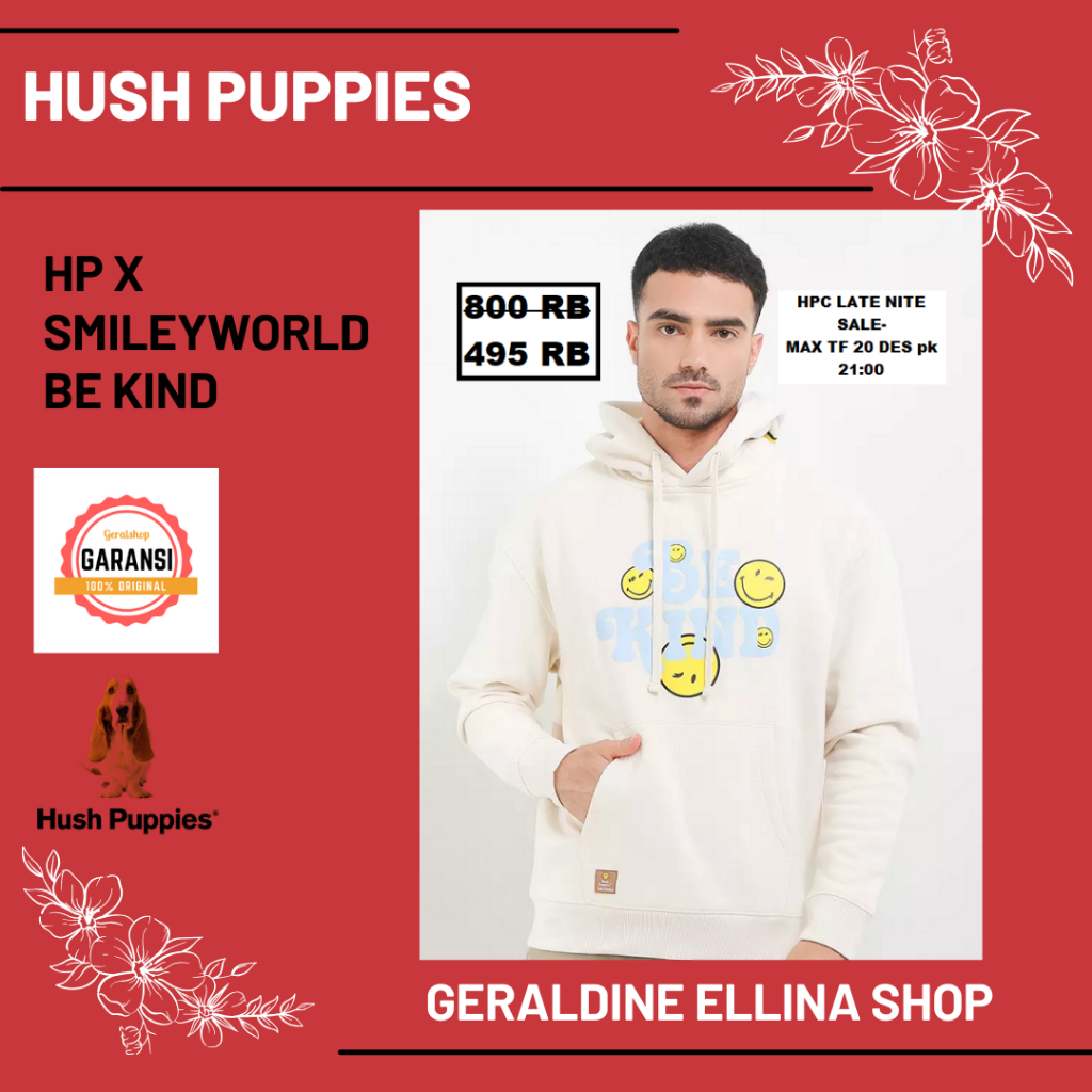 Baju pria hoodie Hush Puppies best seller original store seri HP X SMILEYWORLD BE KIND