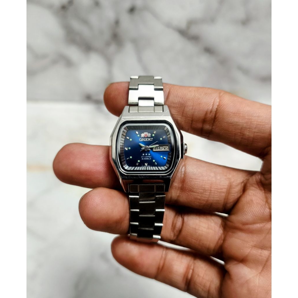 Jam Tangan Orient three star Crystal 21 Jewels Blue Day-Date Automatic Ladies