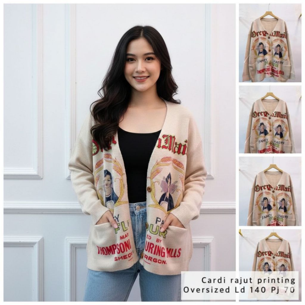 Cardigan Rajut Printing Oversized Wanita Import Bangkok | Outer Rajut Premium Motif Unik | All Size 