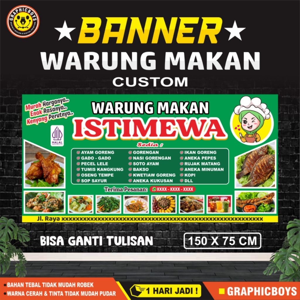 Spanduk Warung Makan Custom, Banner Warung Makan Custom Ukuran 150 X 75 Cm
