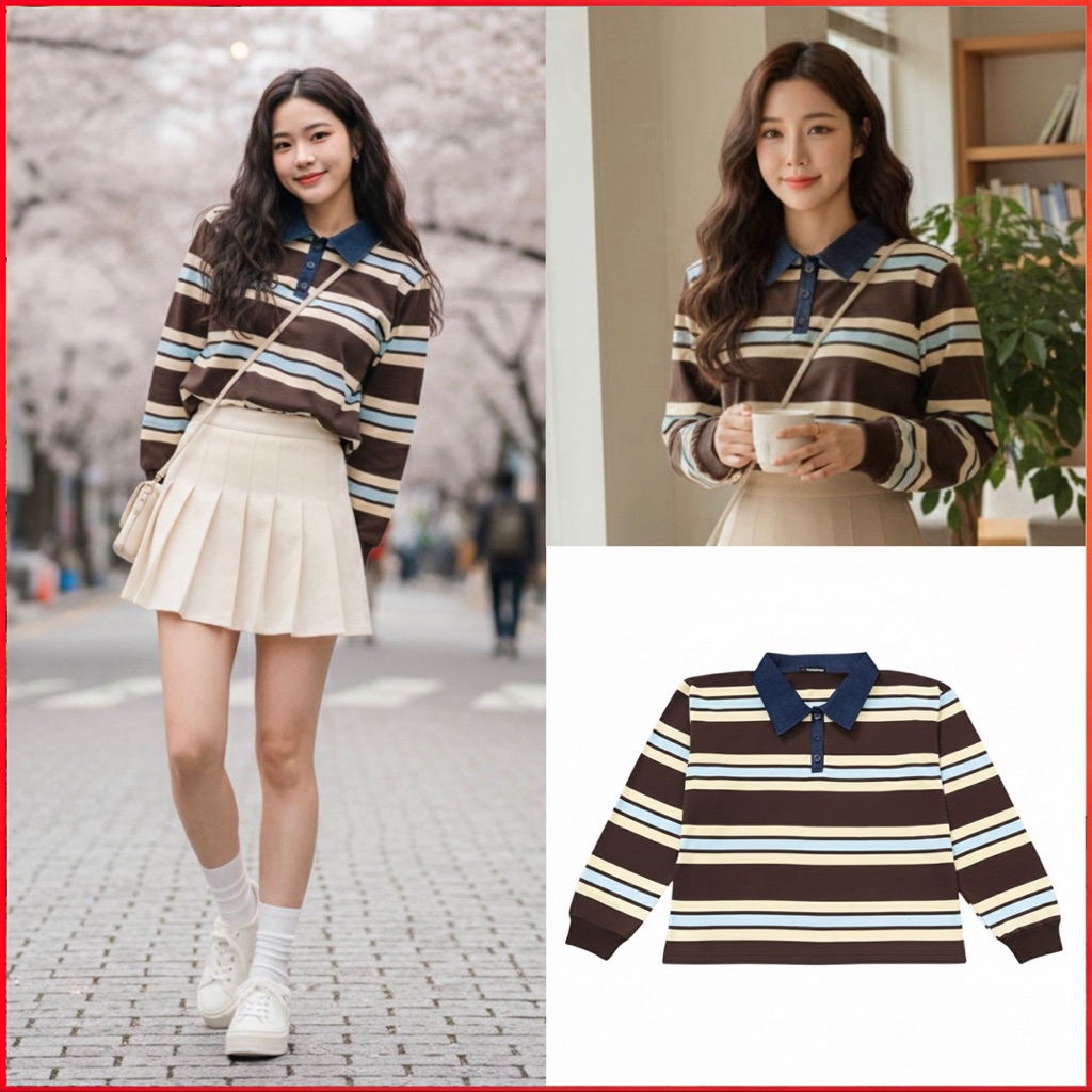 Pariroo Kaos Polo Lengan Panjang Wanita Stripe Coklat Premium Korean Style | Atasan Casual Elegan Ce
