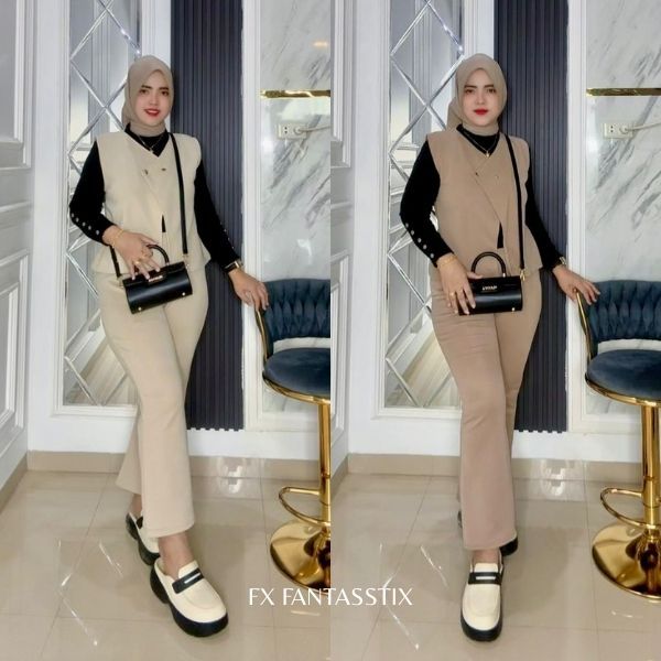 FX - [ SPECIAL LIVE GWEN ] Setelan Vest Kancing Bahan Scuba Premium Nyaman Setelan Wanita Kekinian B