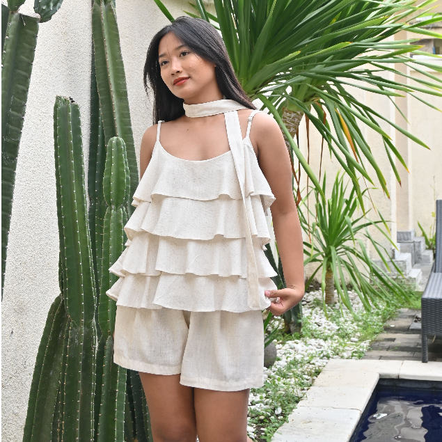 AQUENE Vallerie Linen Top | Aquene Top | Layered Linen | Ruffle Top | Linen Top | Cream | Army