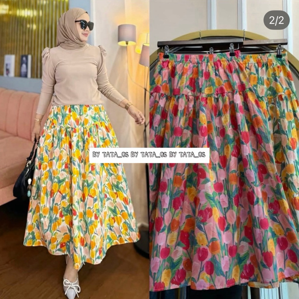 TATAOS BANGKOK TULIP SKIRT ROK PANJANG BUNGA FLOWER TAG LABEL COTTON IMPORT