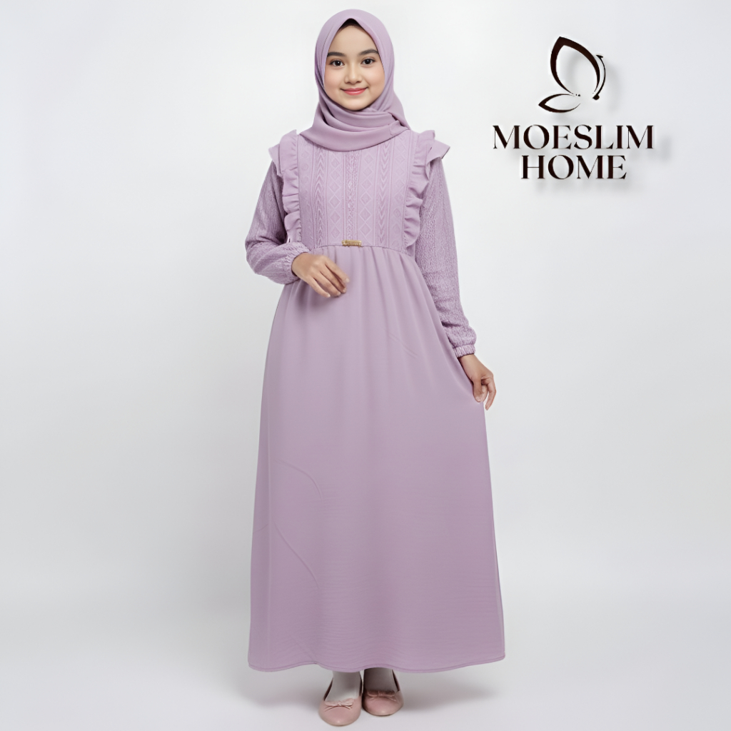 Gamis Set Pashmina Anak Perempuan Tanggung 5-13 Crinkle Airflow Import Mix Brokat Malika