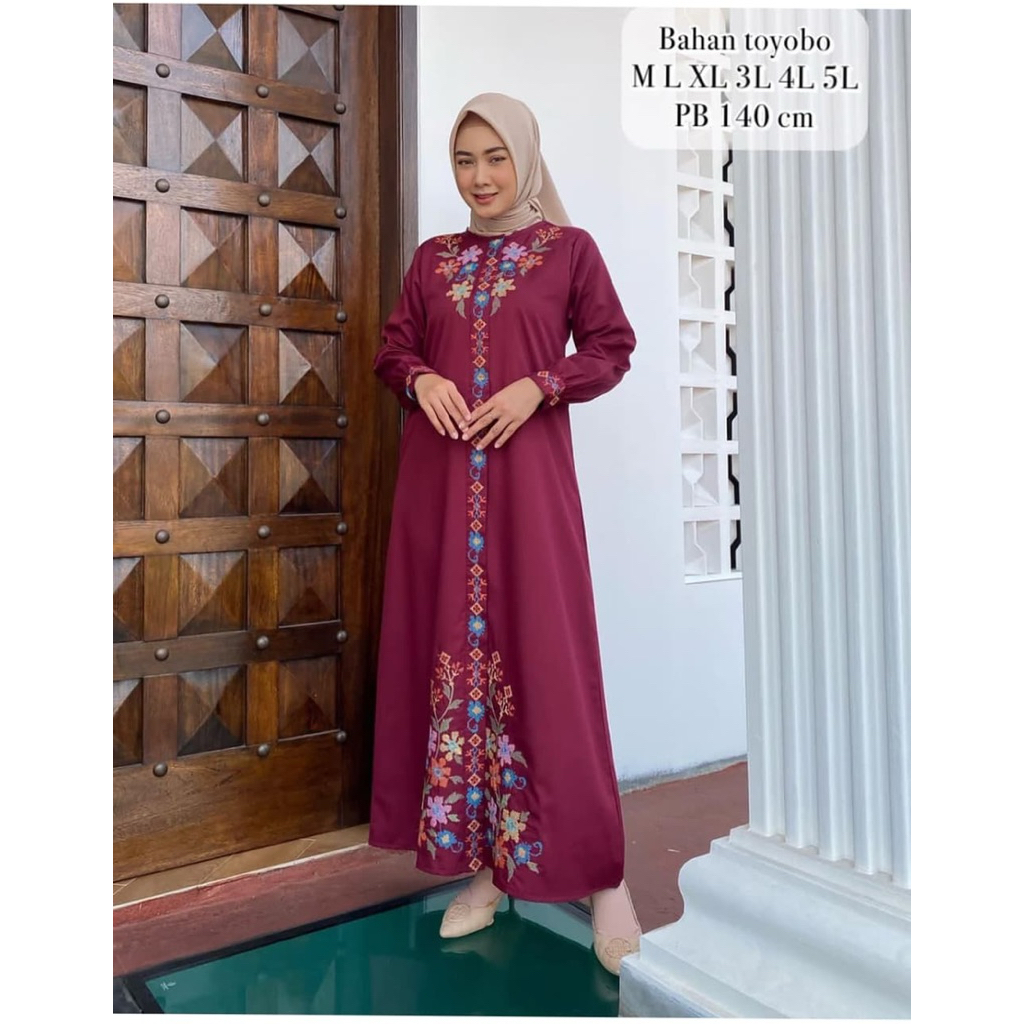 Gamis bordir katun toyobo bordir fodo pintu aceh Muslim Wanita Baju Dewasa Panjang Dress Katun Polos