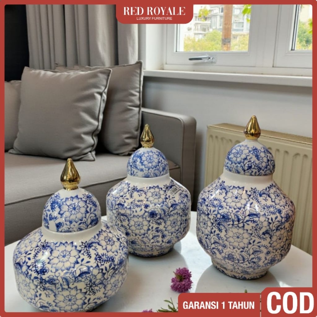 guci biru putih  keramik dekorasi hiasan ruang tamu