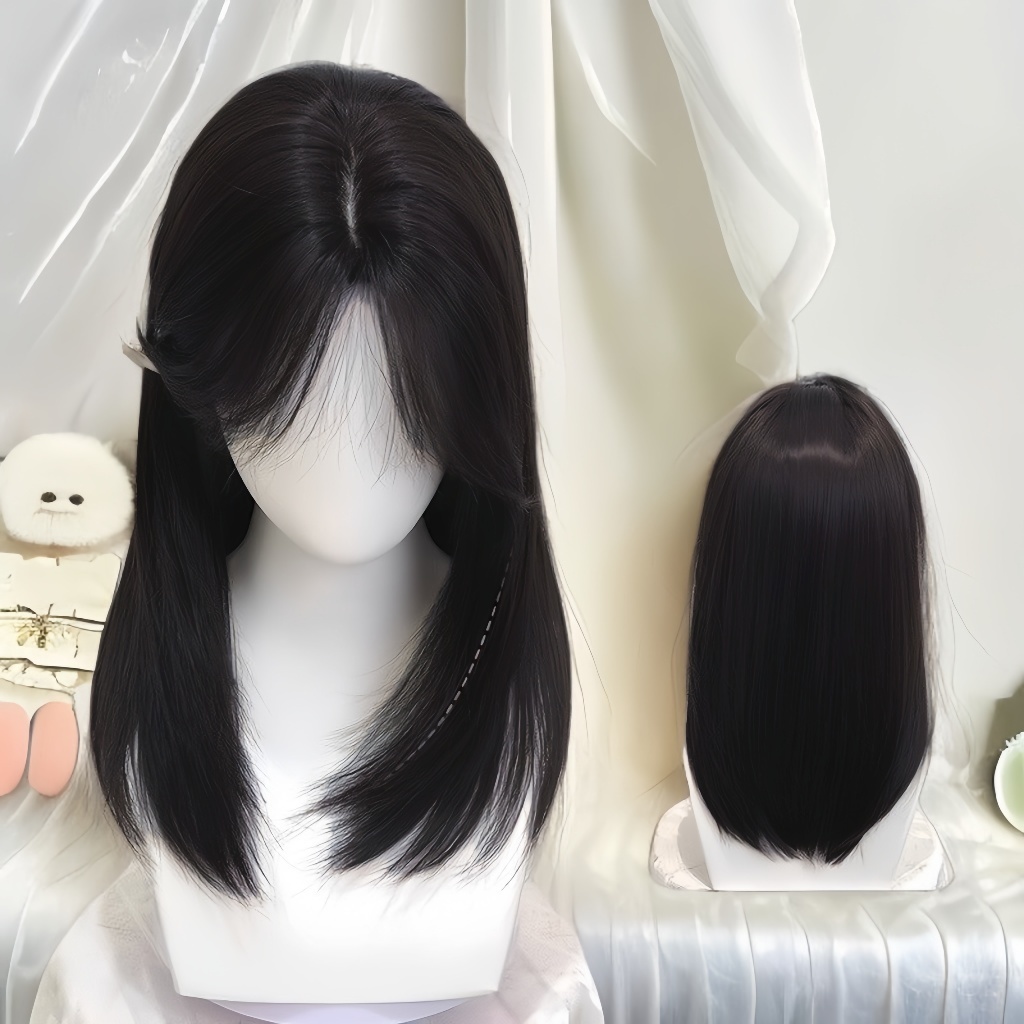 Wig Korean Style 42CM Wig Sebahu Tanpa Poni Rambut Palsu Wanita Panjang Wig Wanita Murah Rambut Pals