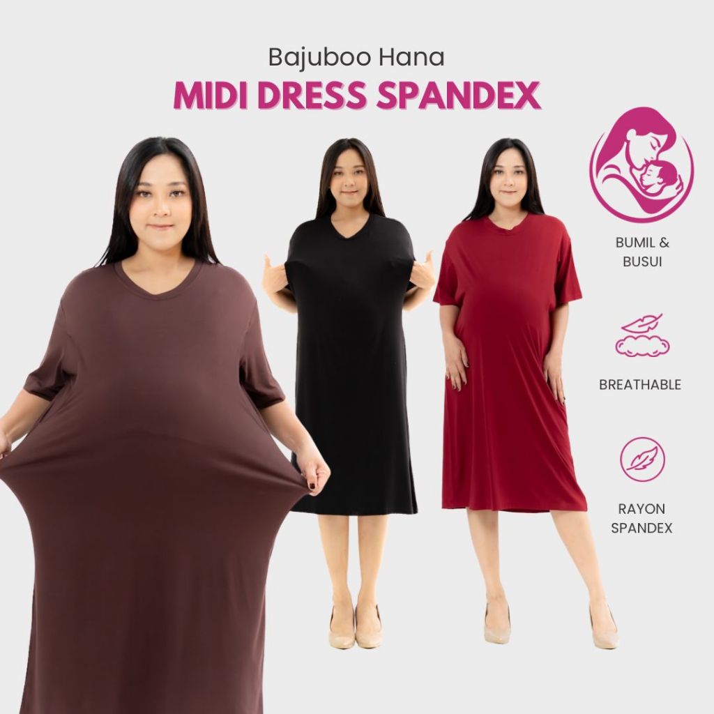 Bajuboo Hana - Dress, Midi Dress Kaos Premium, Non Busui & Bumil Busui Spandex Rayon Premium