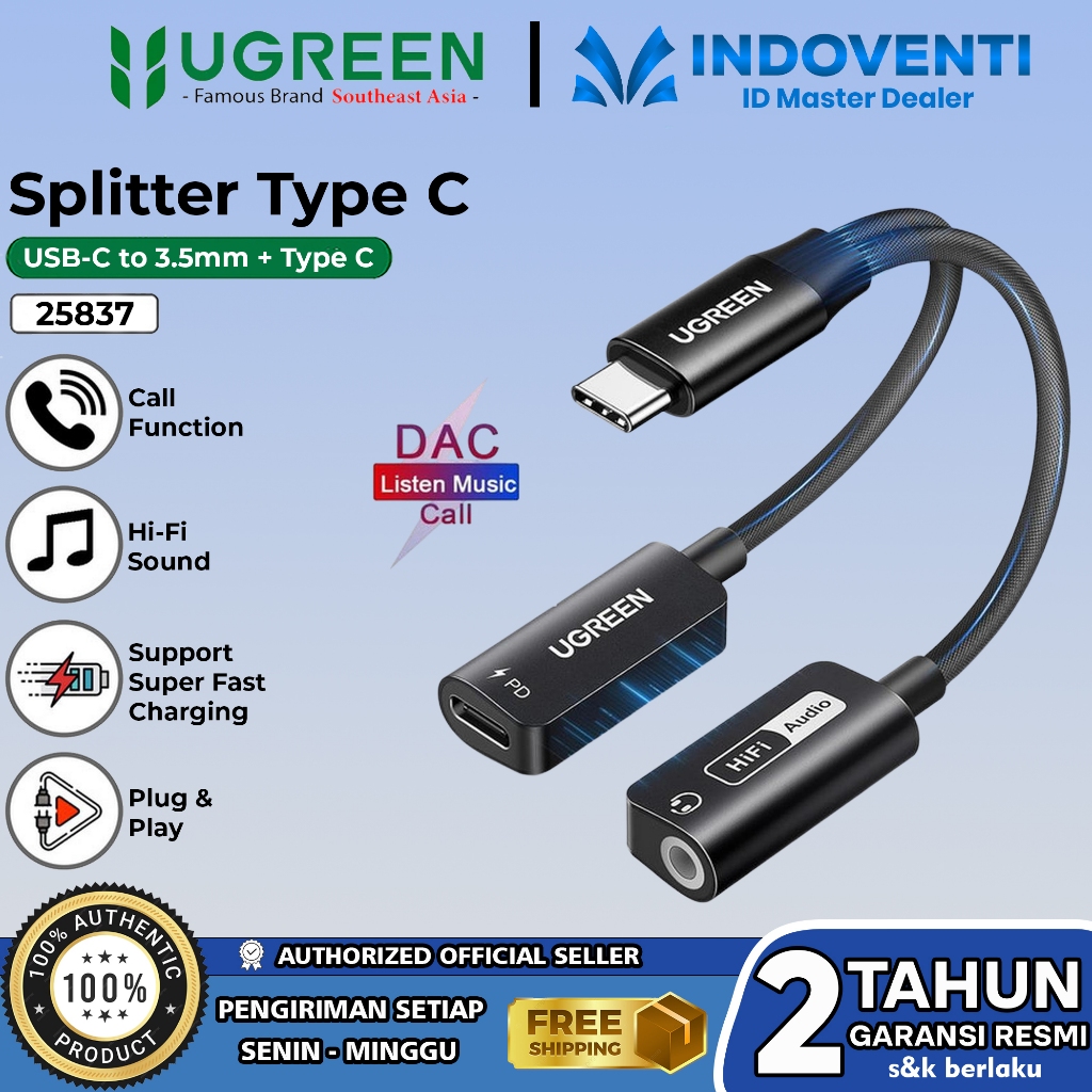 UGREEN Converter Splitter Gaming DAC USB Type C to Jack Audio 3.5mm Type C Charging Call Open Mic