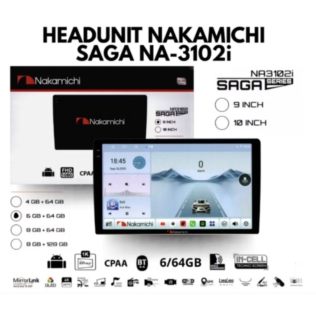 Headunit android nakamichi SAGA NA-3102i  9,5inch Ram 6/64GB support kamera 360