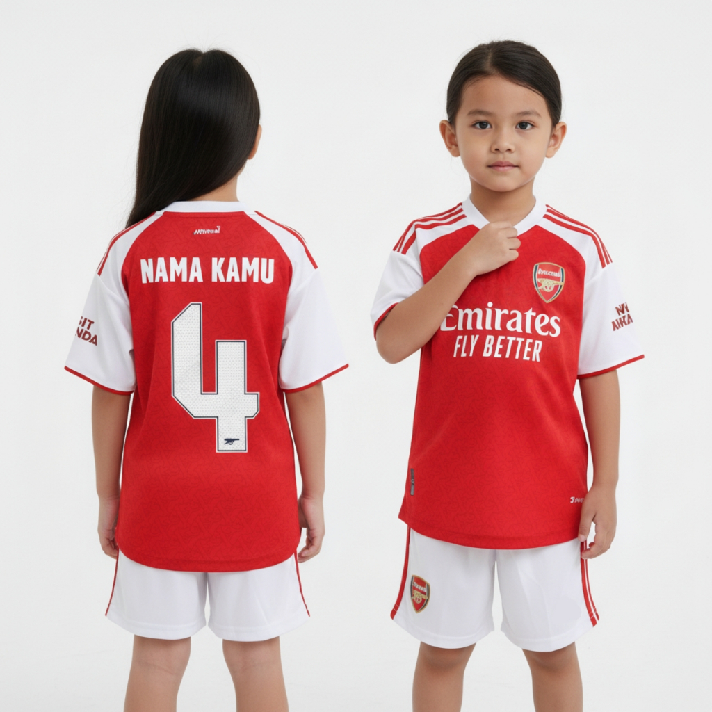 KIDS Jersey Arsnl Home 2025 2026 Baju Bola Warna Merah Putih Anak Patch Premier League UCL Custom Na