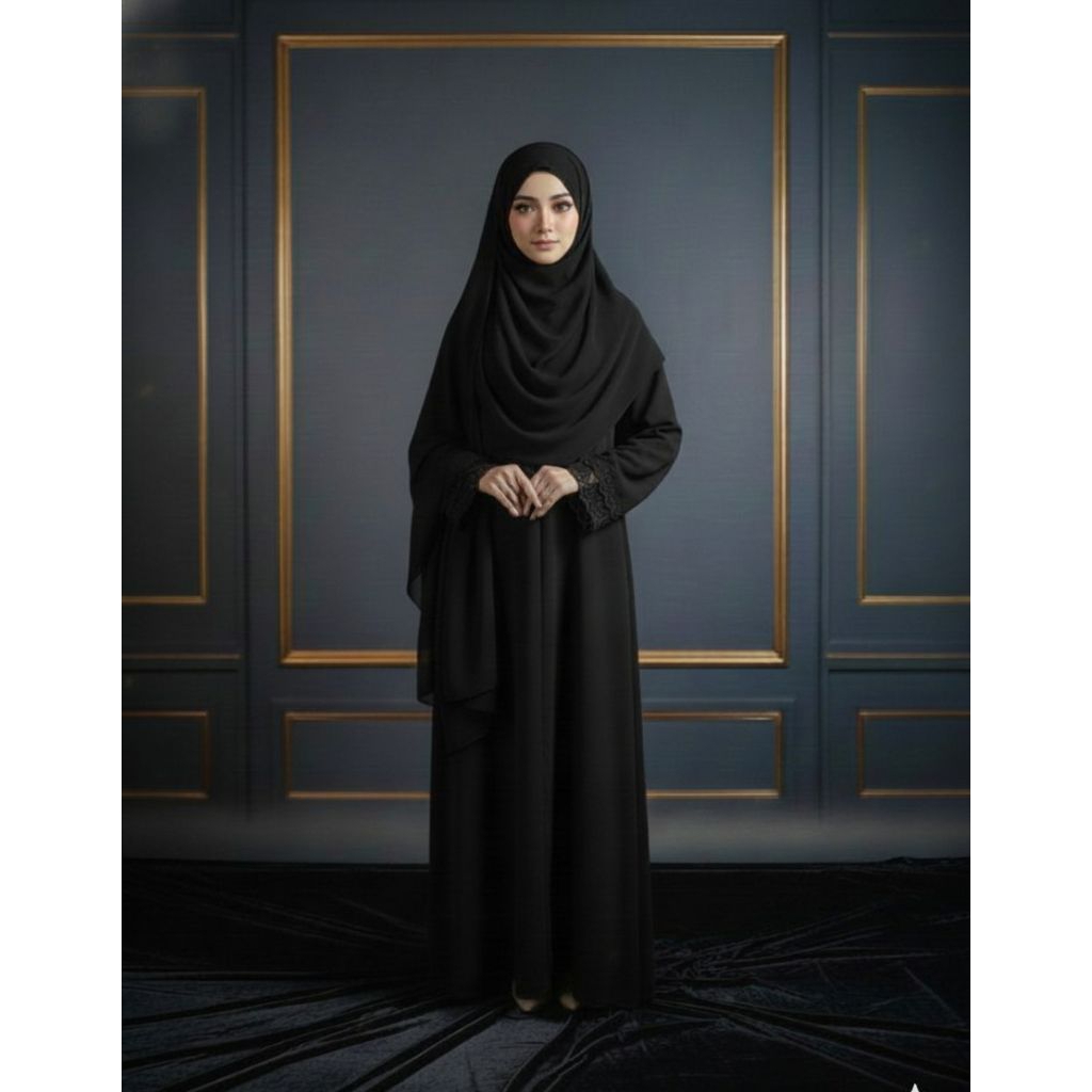 Abaya Hitam Mewah Renda Tangan Bahan Sabrina Anti UV Busui Friendly
