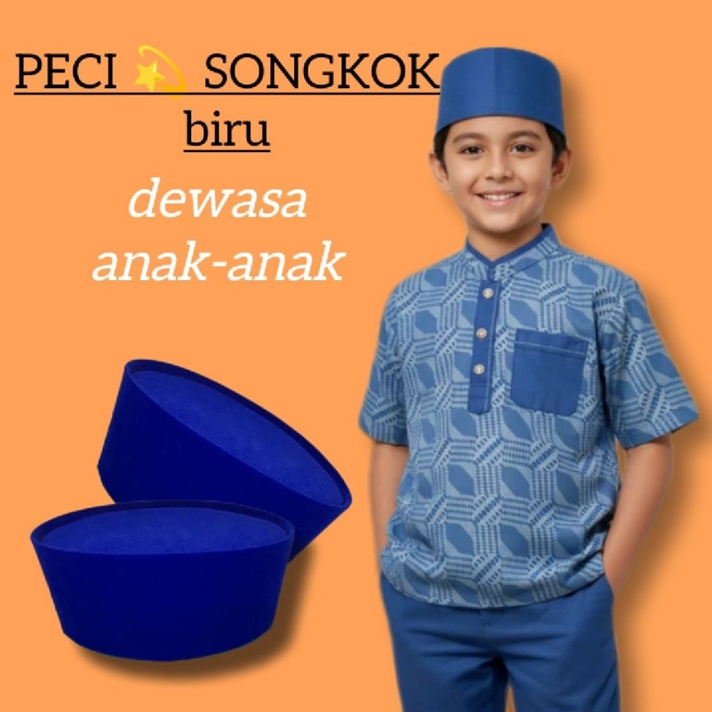 Songkok Peci biru Dewasa Anak Polos Non AC Tinggi 9 cm
