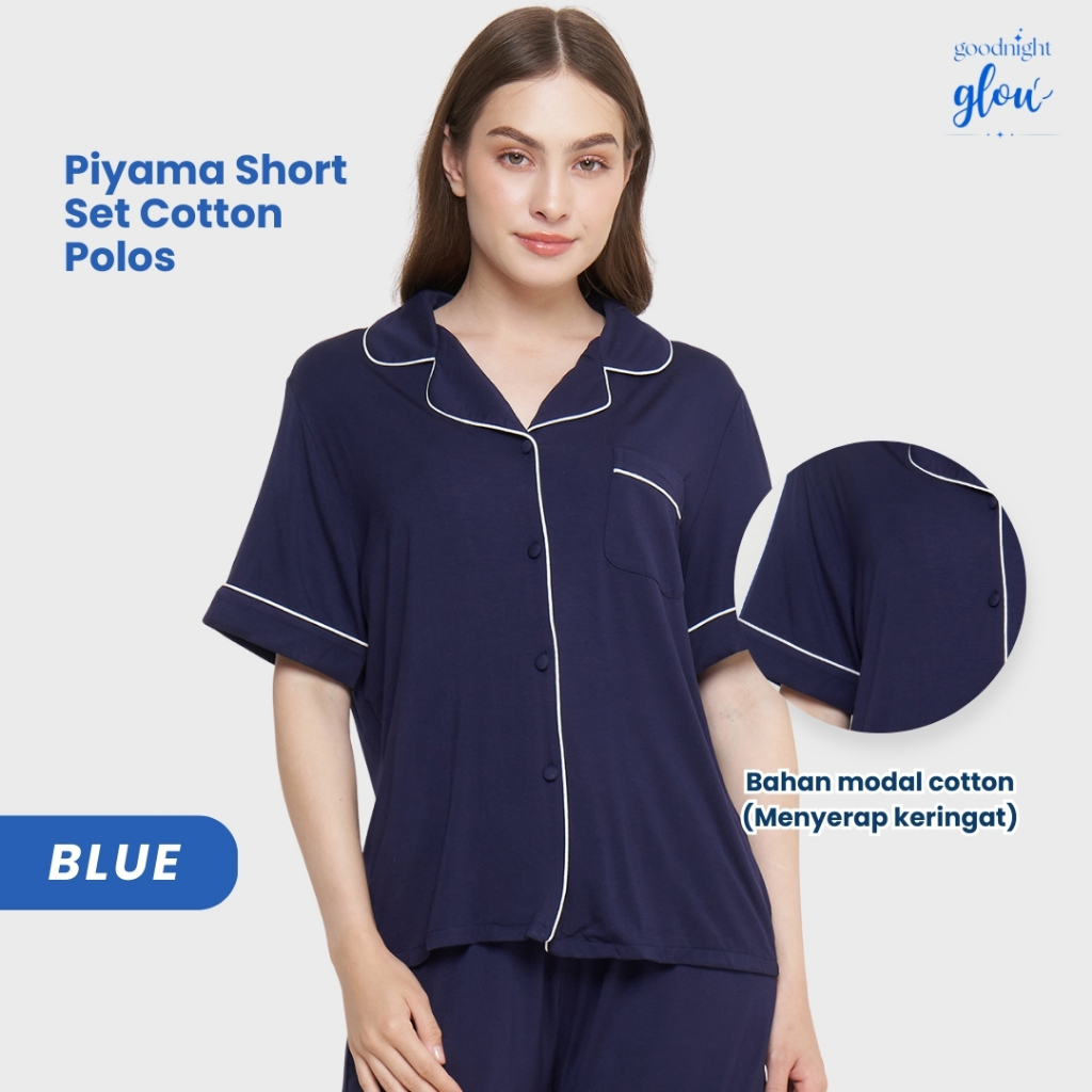 [Diane Sally] Piyama Wanita Set Celana Pendek Cotton Cobalt Blue | Baju Tidur Korean Style