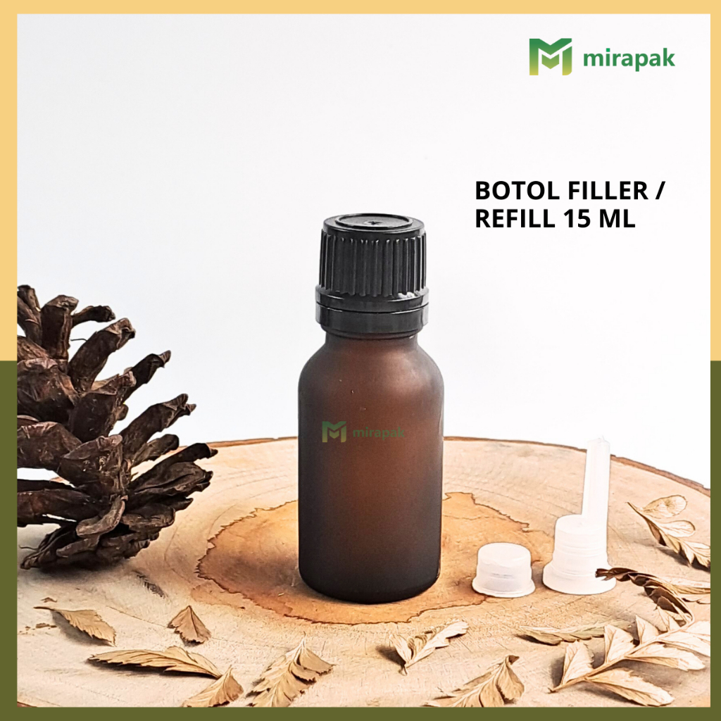 BOTOL FILLER TETES 15ML COKLAT DOF FROSTED KACA TEBAL TUTUP HITAM / SUMPEL MANGKOK / TETES / BOTOL I