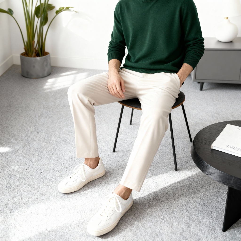 Celana Ankle Pants Pria Formal Kekinian Slim Fit | Warna Cream Elegan Bahan Semi Wool