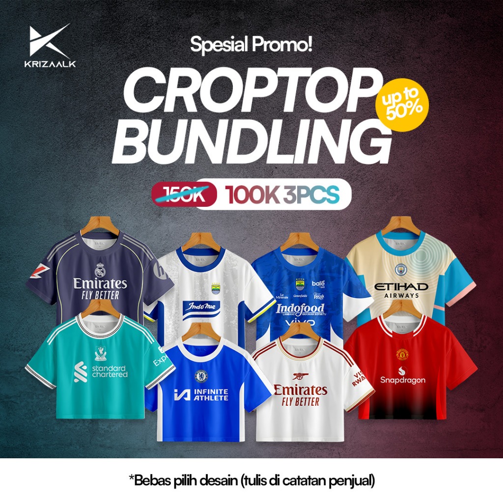 KRIZALK-PAKET 3PCS 100RIBU JERSEY CROPTOP BOLA ALL SIZE FULL PRINTING BISA REQUEST MOTIF