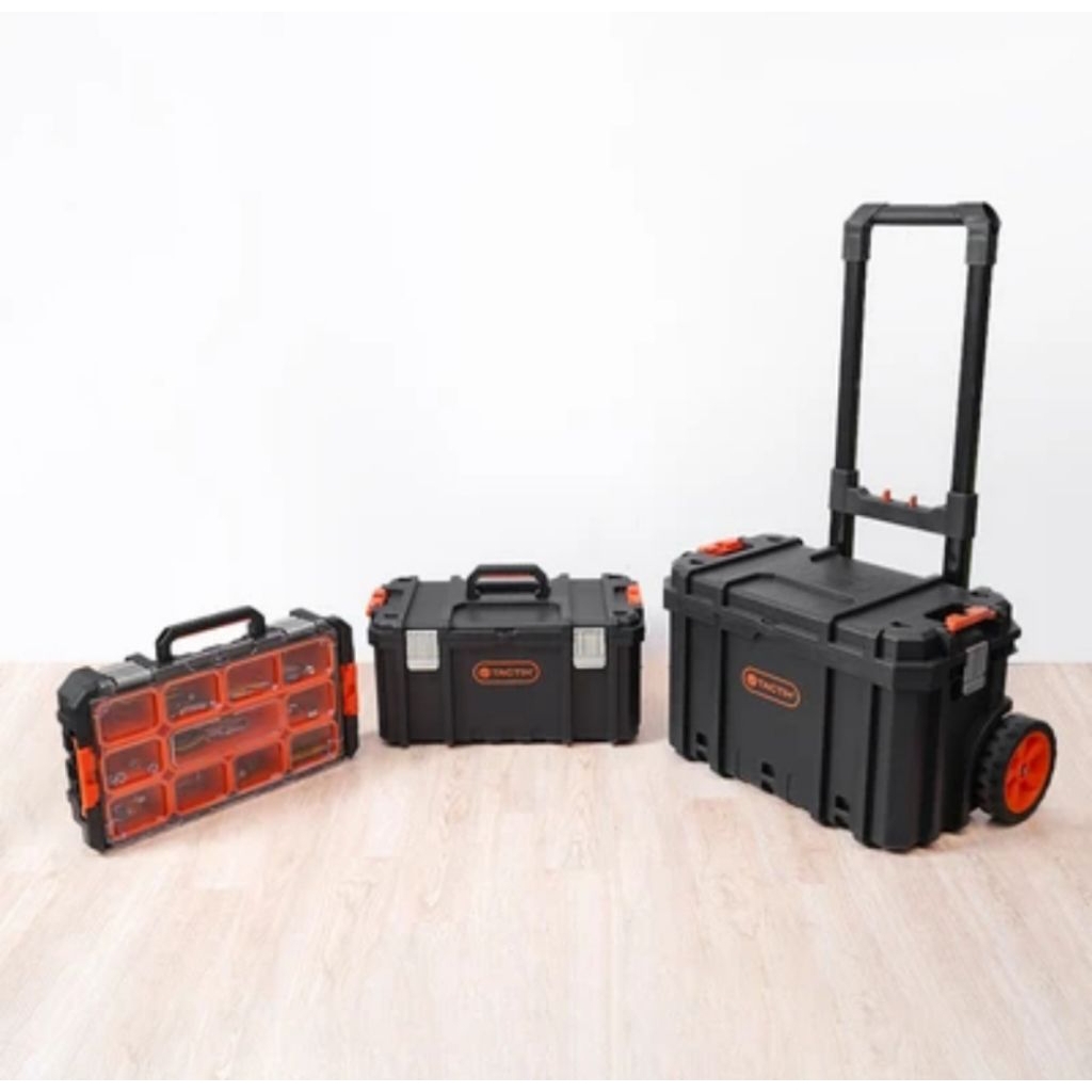 Tactix Set 3 Pcs Kotak Perkakas Plastik Modular Dengan Roda - Hitam