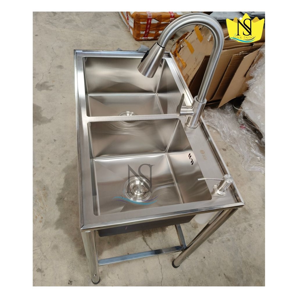 Bak Cuci Piring Portable Stainless 2 Lubang wastafel Cuci piring portabel kaki Rak Kitchen Sink 82 x