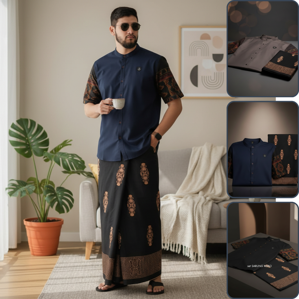 SETELAN Baju Koko + Sarung Dewasa Koko Kurta Lengan Pendek Terbaru Baju Koko Pria Dewasa Bahan Katun