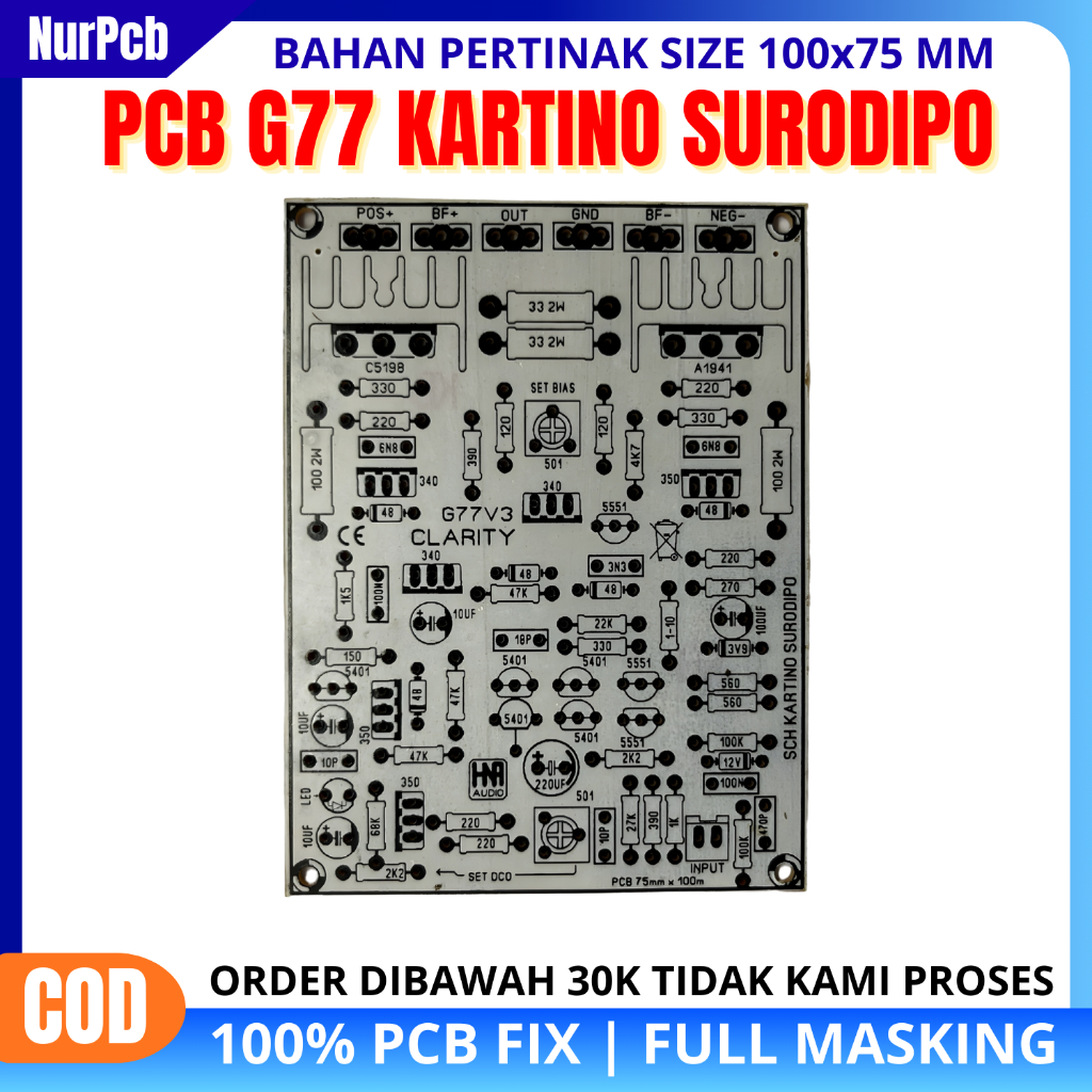 NUR PCB - PCB Power Amplifier G77 Kartino Surodipo 7.5 x 10 cm Fullmasking Pertinak Audio Flat
