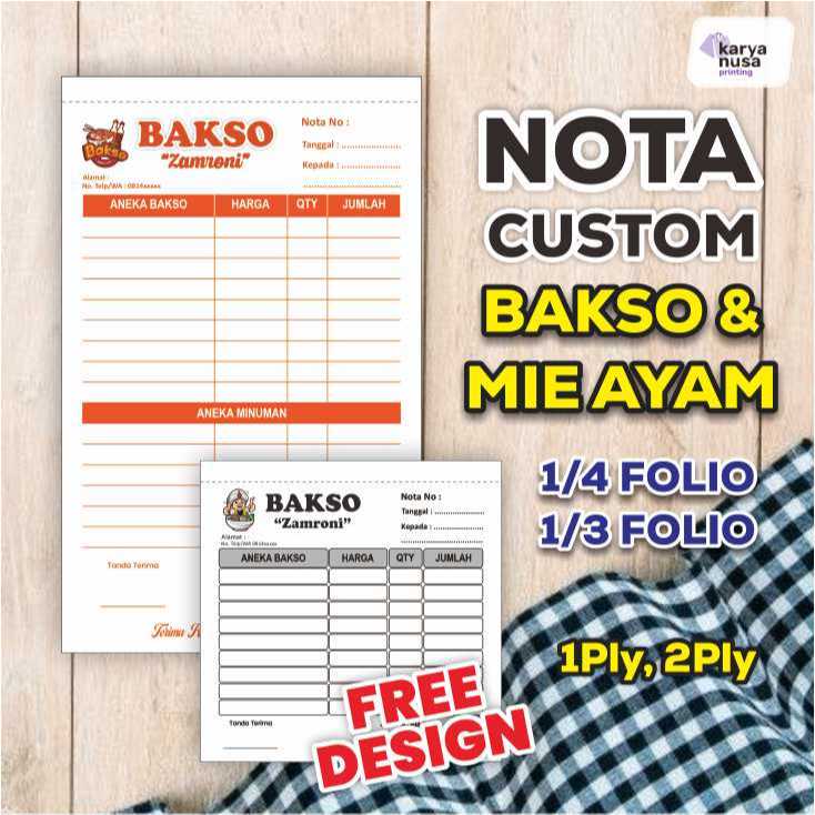 Nota Custom Bakso & Mie Ayam Ukuran 1/4 Dan 1/6 Folio  isi 50 Lembar - Nota Kwitansi NCR 2 Ply & HVS