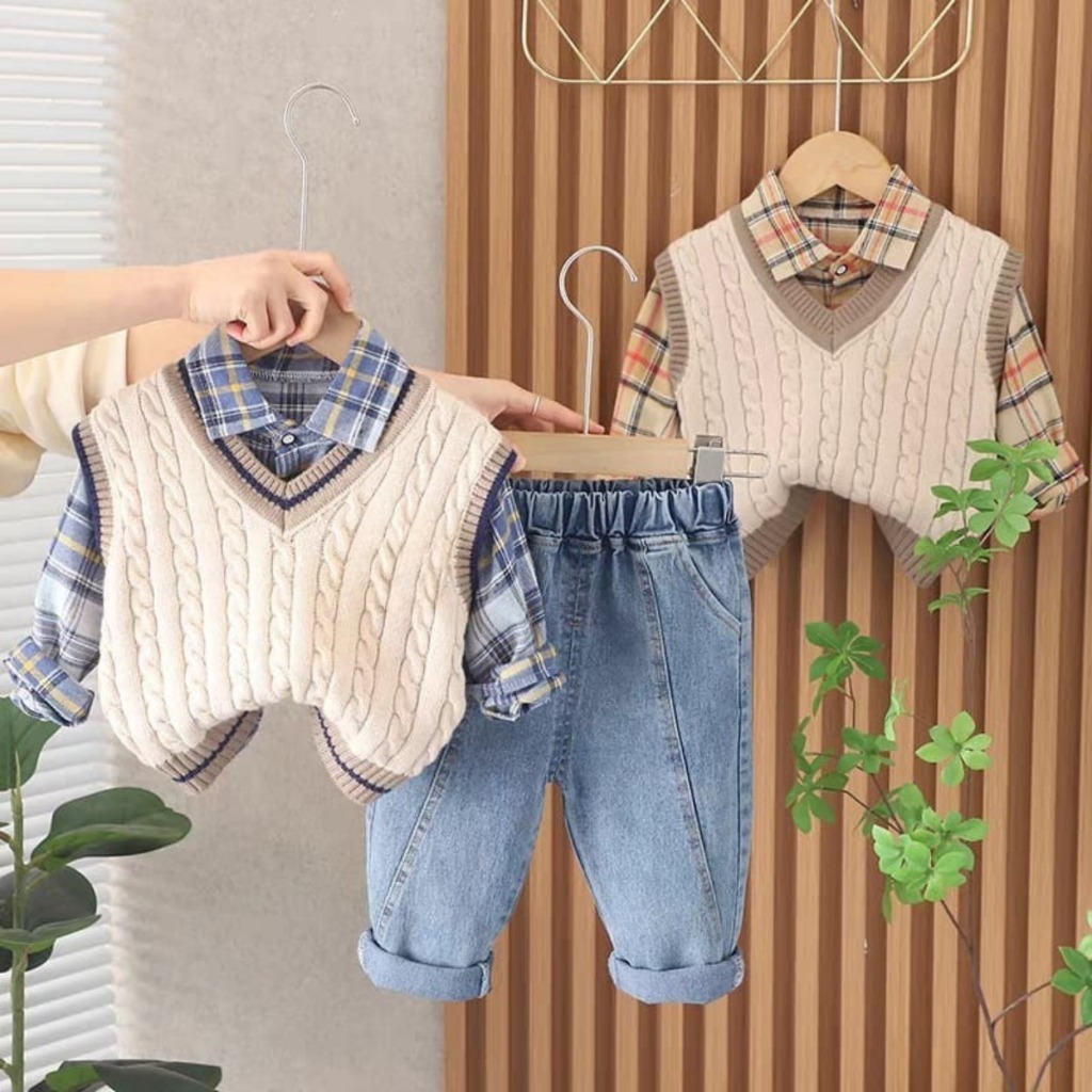 ALFAN BOY SET  Baju Anak Laki laki Korean Style Import 3 in1 Setelan Formal Kemeja Kotak Vest Rajut 