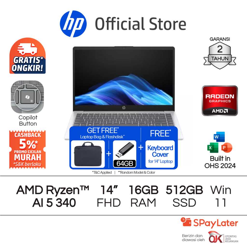 Laptop HP 14 - OmniBook 3 [NEW] AMD Ryzen AI 5 Radeon 840M Graphics 16GB / 24GB RAM 512GB SSD Silver