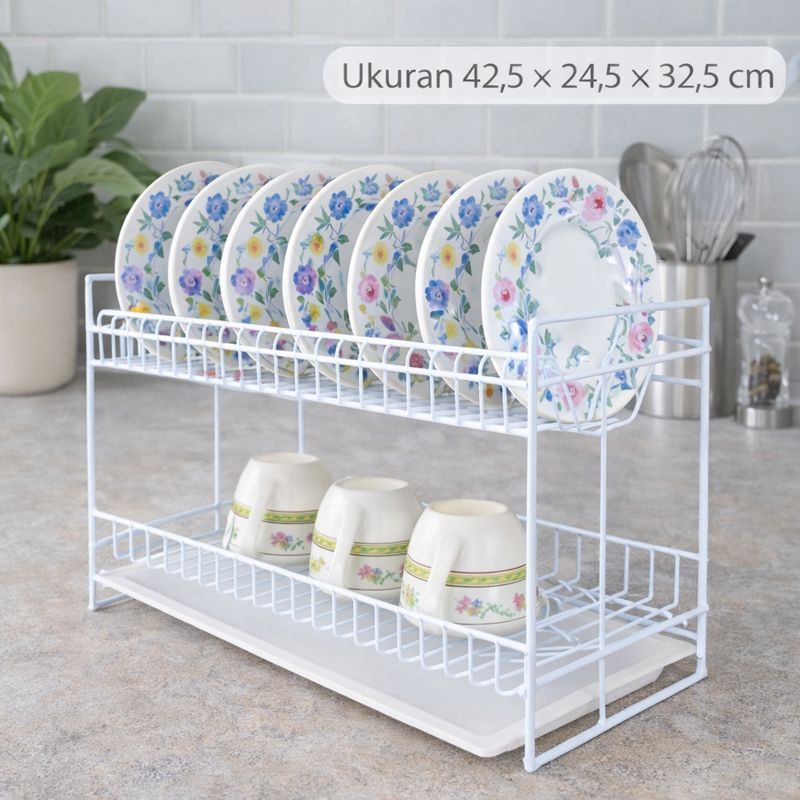 Rak Piring & Gelas Kecil 2 Susun + Tray | Rak Piring Besi Dapur Minimalis | 42,5×24,5×32,5 cm