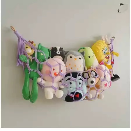 Rak dinding macrame 01-gantungan tempat boneka-macrame tatakan boneka-jala ungu muda