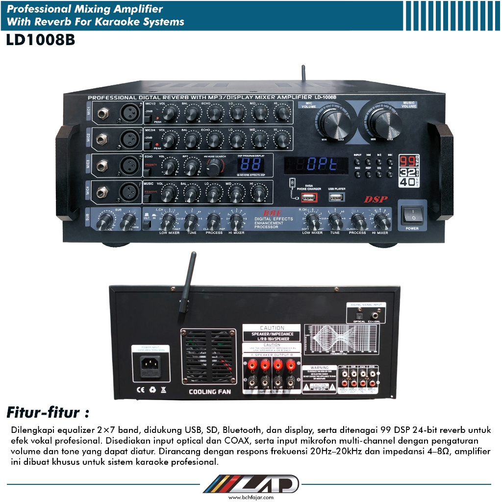 Amplifier Karaoke Profesional LD1008B DSP 99 Reverb USB SD Bluetooth Equalizer 2x7 Band