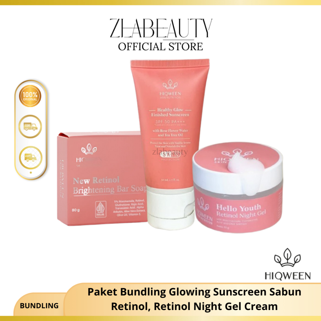 HIQWEEN - Paket Bundling Hiqween isi 3 (Sunscreen, Sabun Retinol, Retinol Night Gel Cream)