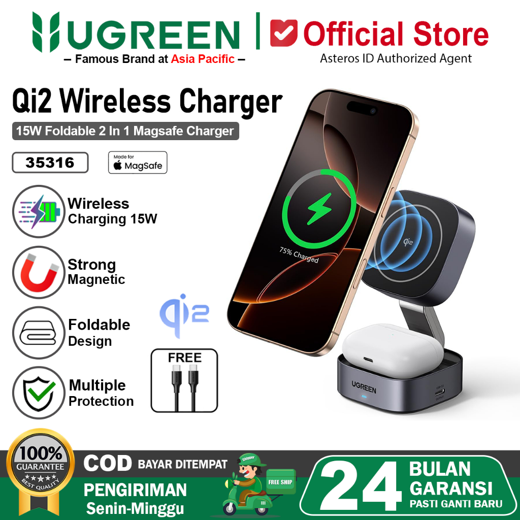 UGREEN Magsafe Qi2 Wireless Charger Stand 2 IN 1 Magnetic Fast Charging 15W For iPhone Airpods & Iwa