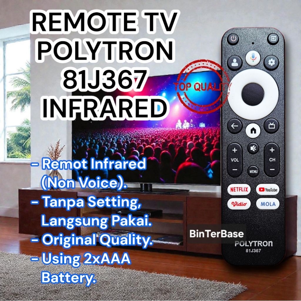 Remote remot TV Polytron 81J367 Non Voice PLD 43RG9059 LCD LED Infrared Android Smart TV with Logo