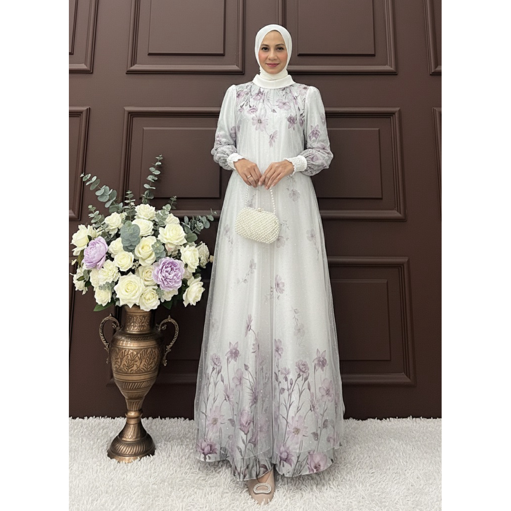 [JEMIA] Alicia Dress Tile Raindrop Glitter Silk  Hijab | Gamis Pesta Wanita Elegan Mewah Premium Kek