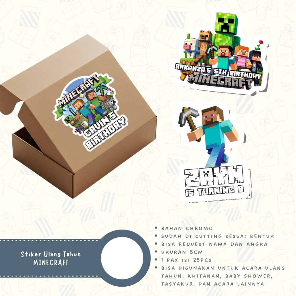 Stiker ulang tahun tema Minecraft stiker bento stiker hampers kotak makan ulang tahun
